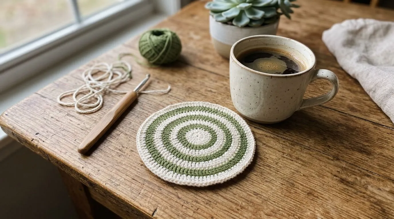 Porta-copos de crochê feito à mão em cima de uma mesa de madeira, ao lado de uma caneca de café