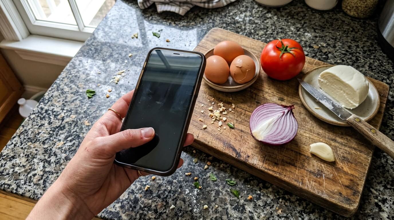 Sebuah tangan memegang telepon seluler di atas meja dapur di samping telur, tomat, dan keju.