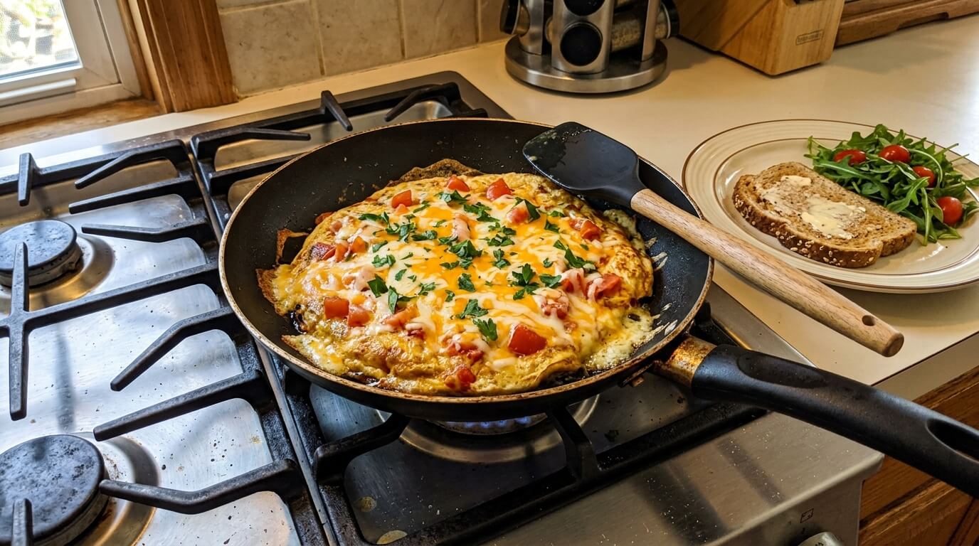 Omelete com tomate e queijo numa frigideira em cima do fogão de casa