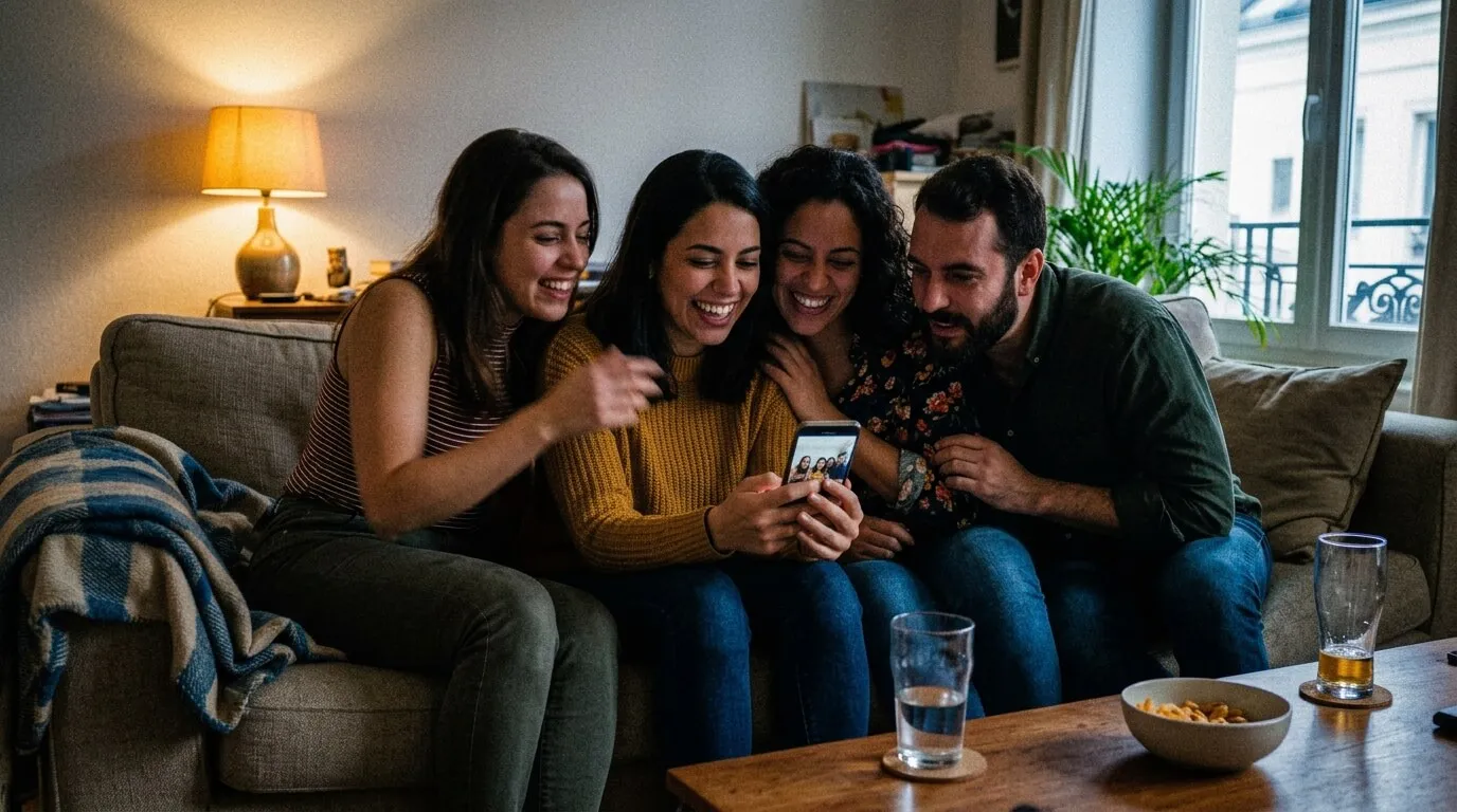 Grupo de amigos no sofá rindo enquanto comparam resultados no celular