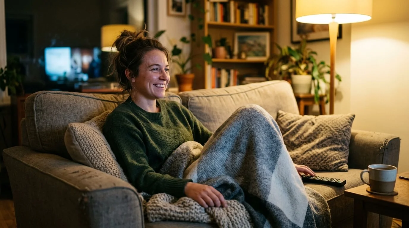 Pessoa relaxada no sofá assistindo série em inglês sem legenda, sorrindo