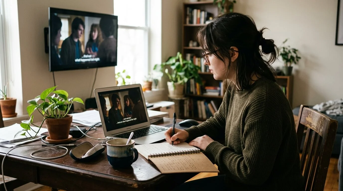 Pessoa assistindo uma série no notebook com legendas em inglês, anotando em um caderno ao lado