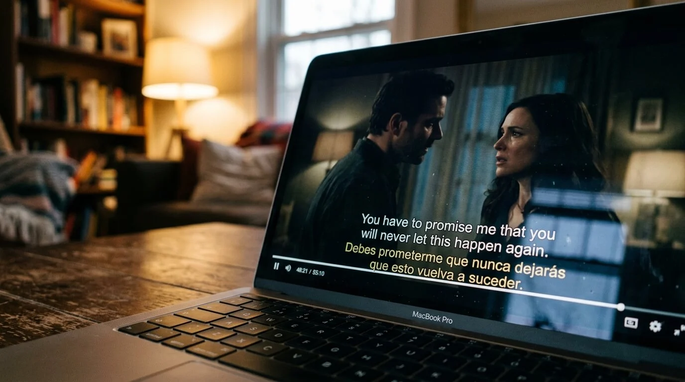 Tela de notebook mostrando uma série com legenda dupla em inglês e português