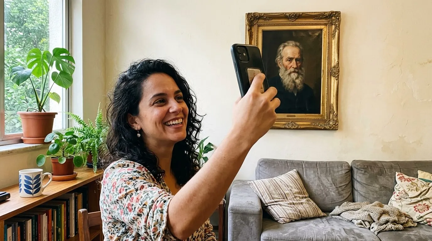 Mulher tirando uma selfie no celular ao lado de um quadro antigo pendurado na parede de casa