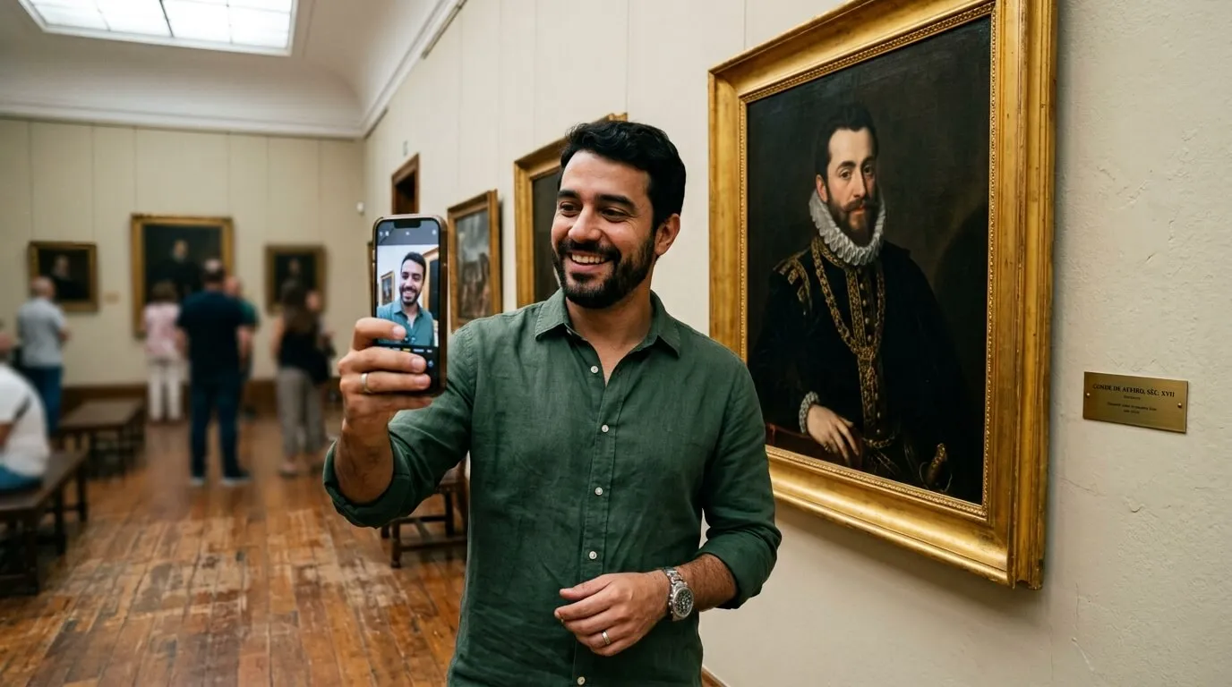 Celular na mão mostrando uma selfie ao lado de uma pintura antiga parecida, em cima de uma mesa de madeira